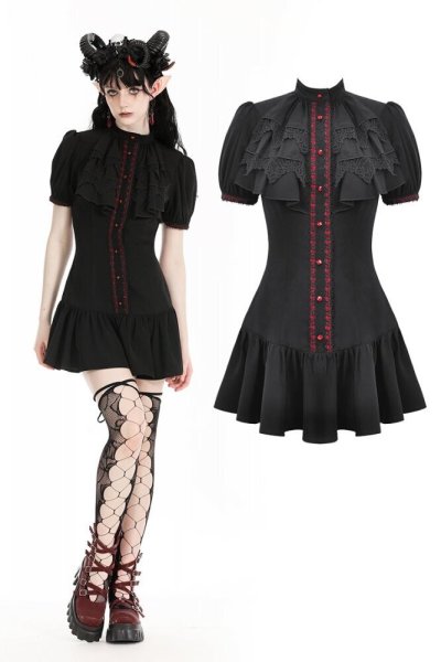 画像1: Gothic pleated collar blood-like crystal buttons dress / ワンピース【DARK IN LOVE】 (1)