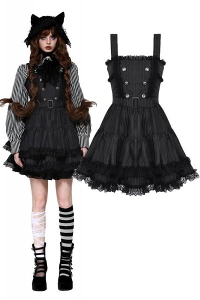 画像1: Dark striped double-breasted doll dress / サロペットスカート【DARK IN LOVE】 (1)