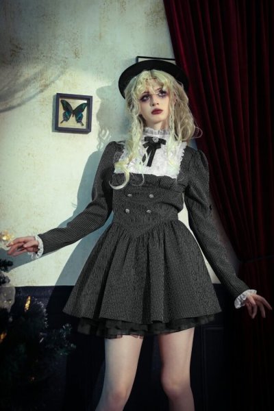 画像1: Striped ruffle scholarly academy dress / ワンピース【DARK IN LOVE】 (1)