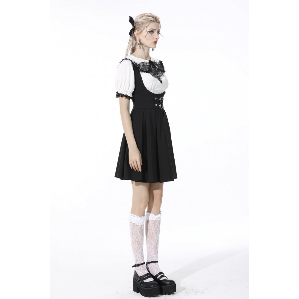 Pleated lace up back suspenders skirt / サロペットスカート【DARK