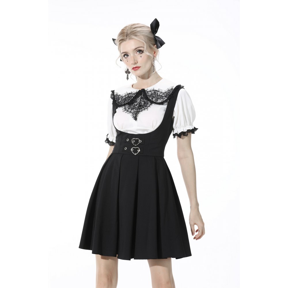 Pleated lace up back suspenders skirt / サロペットスカート【DARK