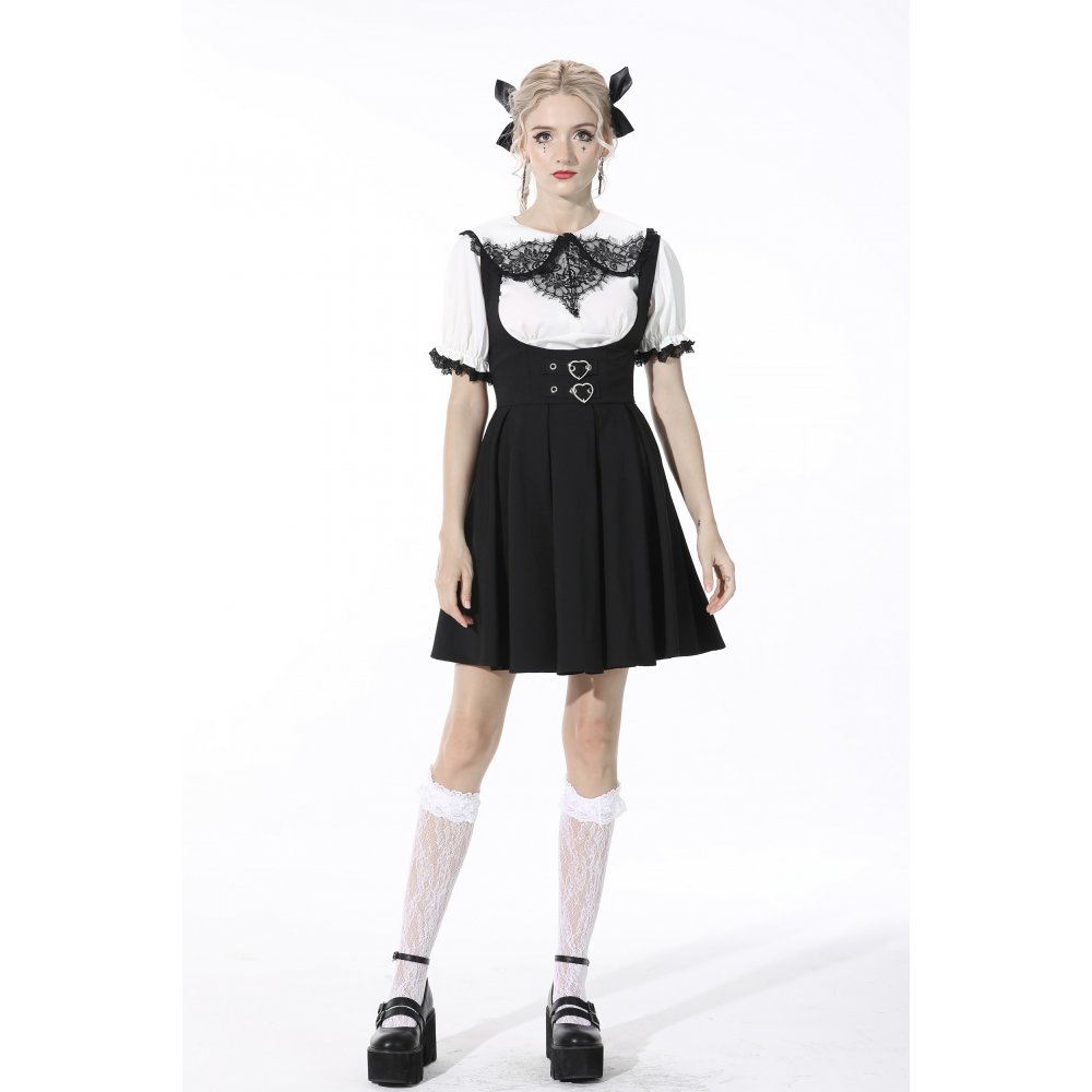 Pleated lace up back suspenders skirt / サロペットスカート【DARK